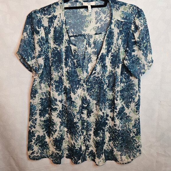 Joie Woman's Silk Button-up Short Sleeve Green And Tan Floral Top Size M - Picture 1 of 4
